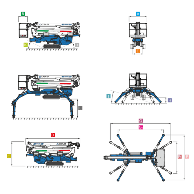 Technisches Arbeitsdiagramm der Cela Crawler Spyder Bühne für präzise Höhenarbeiten
