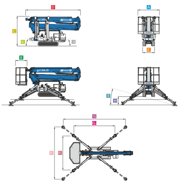 Cela Raupenarbeitsbühne mit technischen Spezifikationen und Lastdiagramm für professionelle Höhenarbeiten