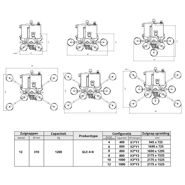 Technische Maßzeichnung des Righetti GLE4+8 Glassaugers für Glasarbeiten und Verglasung